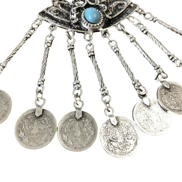 Bijoux Max 1986 Turkish Coin Pewter Statement Necklace Dangly Long Boho Tribal - Picture 5 of 6